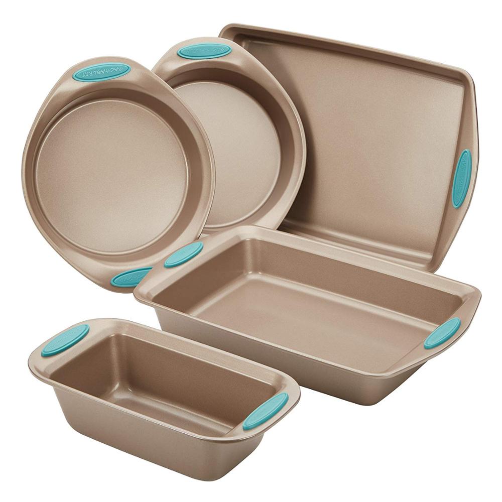 Nonstick Bakeware 5-Piece Set, Latte Brown with Agave Blue Handle Grips